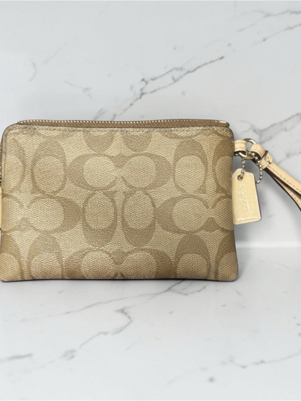 Coach Beige Signature Canvas Wristlet with Patent Center Stripe - Picture 3 of 6